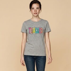 NWT Women’s Gray Short Sleeve Graphic Tee Shirt Multi Color “TEACHER” Size Large